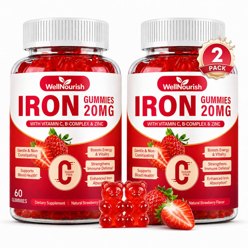 Iron Supplement Gummies, 20mg, Women & Kids, 2 Pack, 120 Count | Sugar-free strawberry iron gummies with vitamin C, B12, folate & zinc; gentle, non-constipating, with no metallic taste. 60 Count (Pack of 2)
