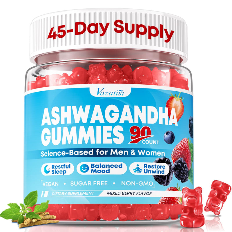 90 Count Ashwagandha Gummies with L-Theanine, GABA, Magnesium & Vitamin D3, Organic Ashwagandha Supplements for Women & Men for Relaxation & M00d Balance, Vegan, Sugar Free, Mixed Berry Flavor 90 Count (Pack of 1)