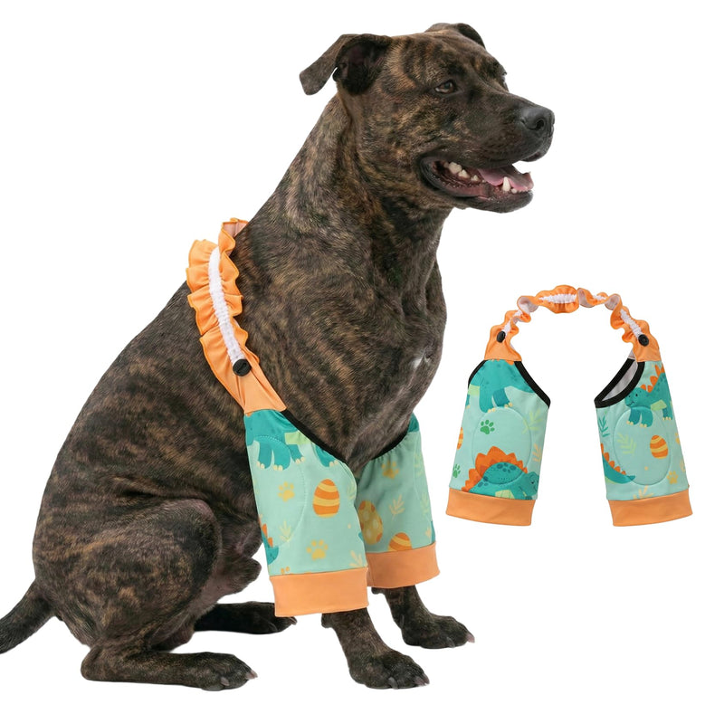 LovinPet Front Leg Sleeves for Medium and Large Dogs, 4-Way Stretch Elbow Protection, Anti-Lick Recovery, Warmth and Callus Prevention, Pair, Dinosaur Print, Orange Green,XXL Green Orange XX-Large