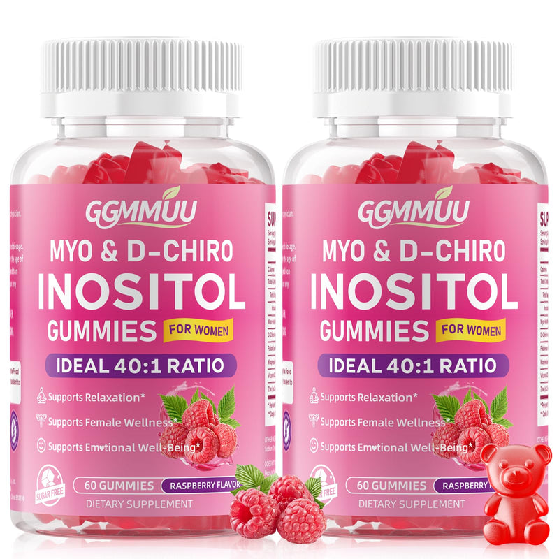 Myo-Inositol & D-Chiro Inositol Gummies for Women, 120 Count | 1000mg+25mg 40:1 Ratio, with Vitamin D3, Magnesium Glycinate, Folate & Zinc, Vegan, Sugar Free, Non-GMO, Raspberry Flavor 60 Count (Pack of 2)