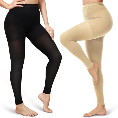CASMON 2 Pairs Medical Compression Pantyhose 20-30 mmHg for Women & Men, Footless Compression Tights High Waist Graduated Support Compression Leggings for Varicose Veins Edema X-Large Black+Beige