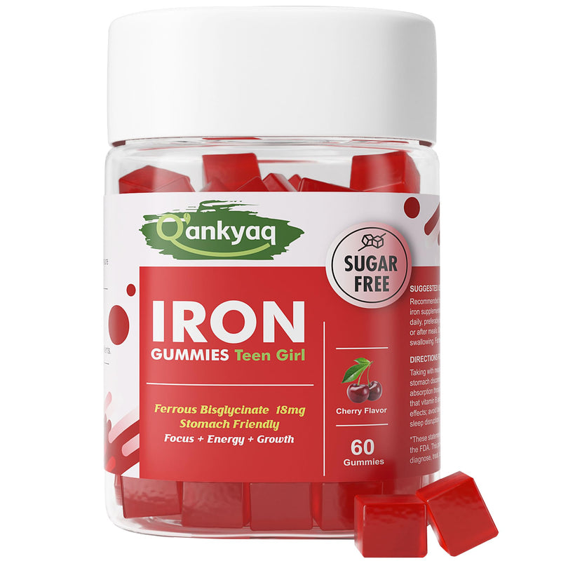 Iron Gummies Supplement for Teen Girls Women, Ferrous Bisglycinate, 60 Cts | Chewable Ferrous Bisglycinate Chelate with Vitamin C, Energy & Anemia Support, Gentle, Non-Constipating, Sugar Free