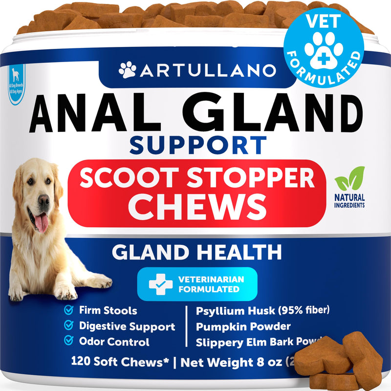 Bye Scoot - Anal Gland Support Chews for Dogs - Fiber Blend with Pumpkin, Psyllium, Slippery Elm, Digestive Enzyme - Scoot Treatment - Supplement for Gut, Anal Gland Health, Stool Quality - 120 Treats 120 Count