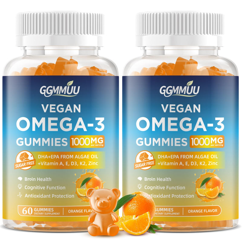 Vegan Omega 3 Gummies 1000mg, Orange Flavor, Sugar Free, 120 Count | Algal Oil Supplement with 600mg DHA & 300mg EPA for Eye & Immune Support, Non-GMO, Gluten Free, Pectin Based, No Fishy Burps 60 Count (Pack of 2)