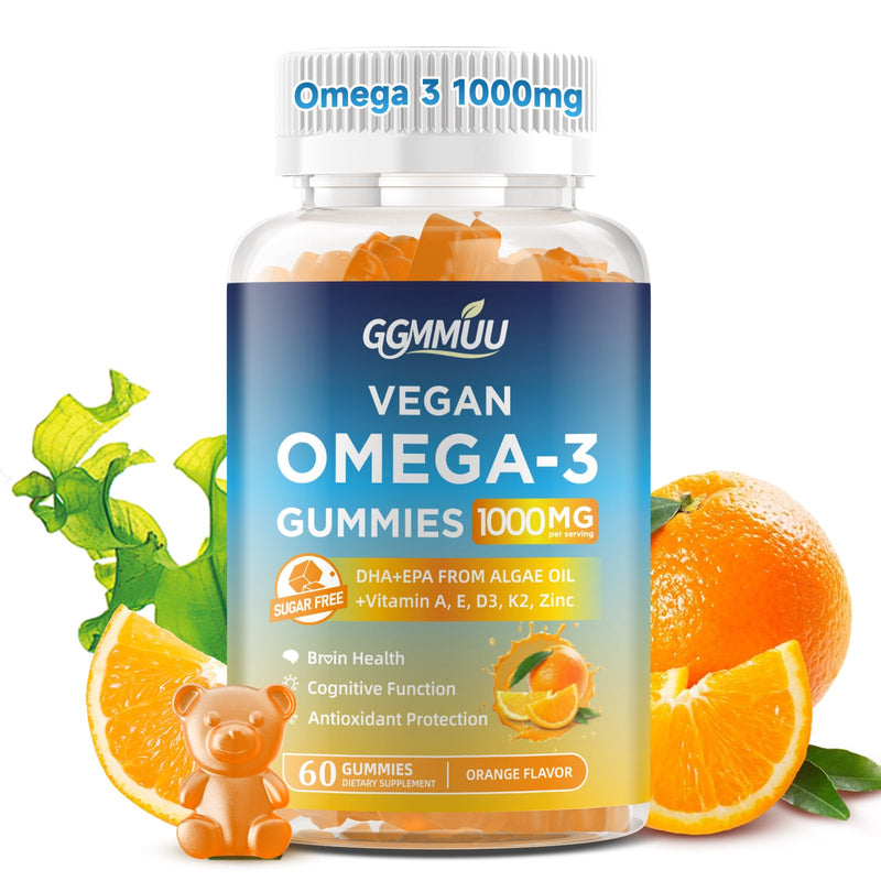 Vegan Omega 3 Gummies 1000mg, Orange Flavor, Sugar Free, 60 Count | Algal Oil Supplement with 600mg DHA & 300mg EPA for Eye & Immune Support, Non-GMO, Gluten Free, Pectin Based, No Fishy Burps 60 Count (Pack of 1)