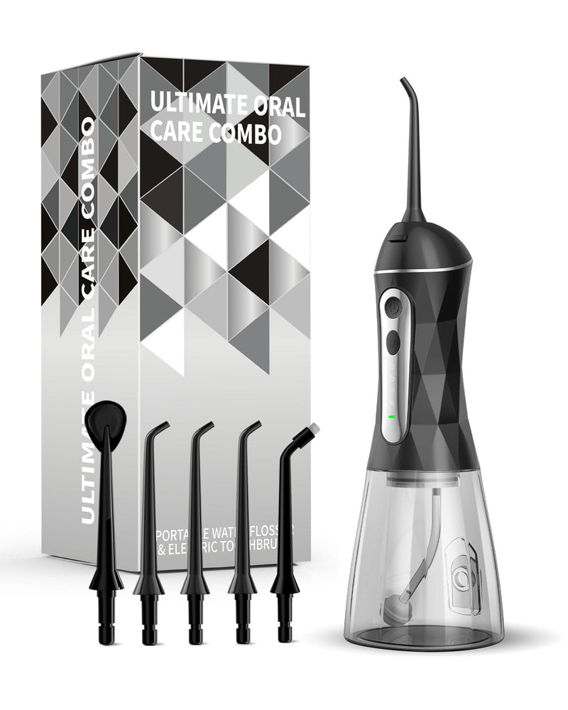 Electric Water Dental Flosser - Cordless Portable Teeth Cleaner, Rechargeable 320ML Larger Water Tank Oral Irrigator, 4 Modes with 5 Jet Tips and Travel Bag, IPX7 Waterproof (Black) Black