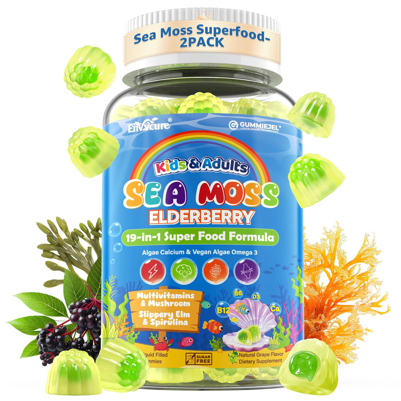 2pack Sea Moss Gummies for Kids & Adults, 19-IN-1 Super Food with Elderberry, Spirulina, Algae Omega 3, Algae Calcium, Ashwagandha, Mushroom, Vitamins D3, C for Immune, Gut, Bone, Energy, Brain, Vegan 60 Count (Pack of 2)