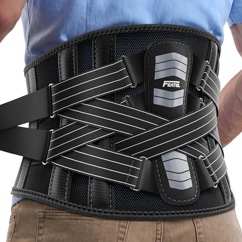 FEATOL Back Brace for Men Lower Back and Women, Removable Dual-Side Spine Lumbar Pad with Snug Fit, Adjustable Support Belt for Work, Gray, Size L 34.5-39" Large