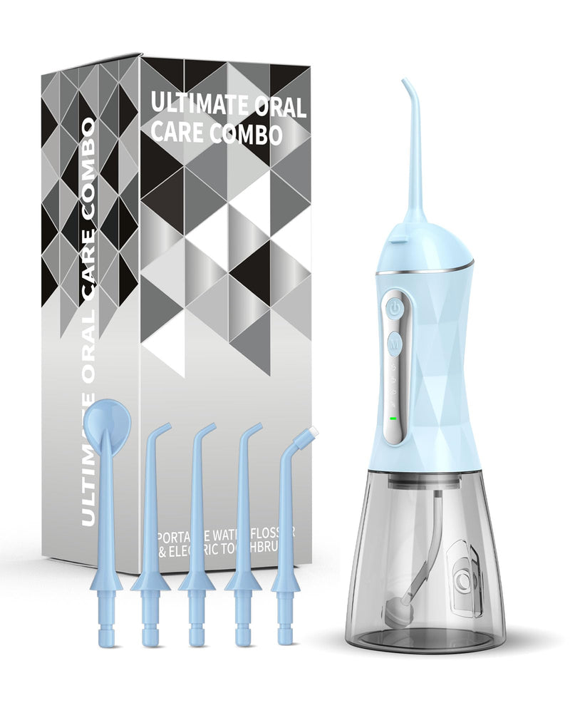 Electric Water Dental Flosser - Cordless Portable Teeth Cleaner, Rechargeable 320ML Larger Water Tank Oral Irrigator, 4 Modes with 5 Jet Tips and Travel Bag, IPX7 Waterproof (Blue) Blue