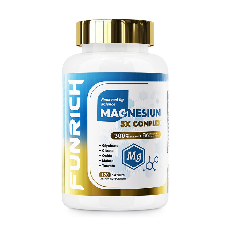5 in 1 Magnesium Complex Supplement w/Vitamin B6 Higher Absorption | Glycinate Magnesium 300mg - for Sleep, Nerves & Heart Health, Bones, Muscle, Recovery, Energy | Vegan Non-GMO, 120 Capsules 120 Count (Pack of 1)