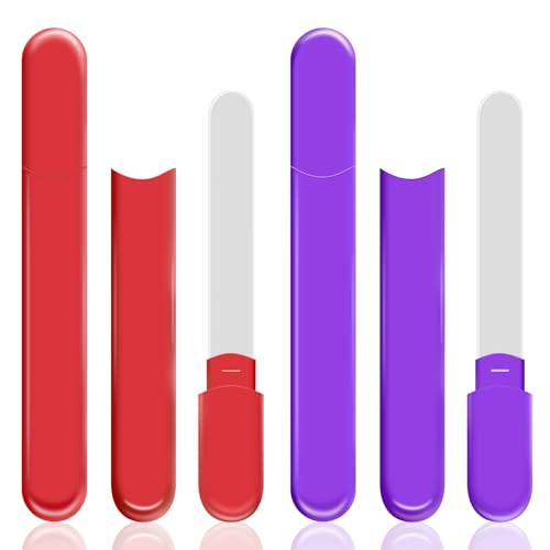WOKOTO 2 Packs Glass Nail File with Case for Nail Shaping & Polishing, Red & Pinkish Purple Double Sided Transparent Crystal Diamond Fingernail Files Glass Nail Buffer for Natural and Acrylic Nails