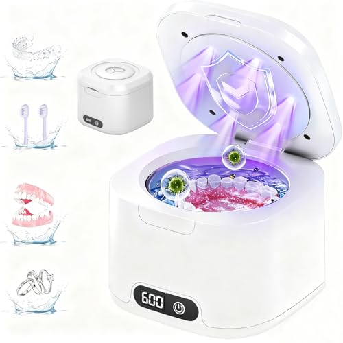 Ultrasonic Retainer Cleaner Machine - Denture cup Bath,49kHz 4 Modes Dental Cleaner With Digital 340ML capacity Applicable to Mouth Guard，Dentures braces & Toothbrush head and makeup brush (white） White-1