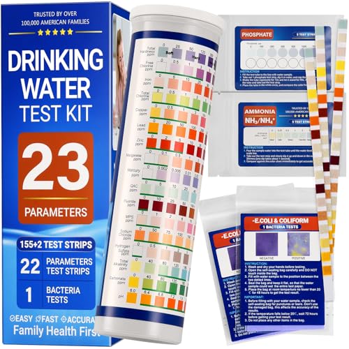 Water Test Kit for Drinking Water, 23-in-1 Water Test Strips for Tap & Well Water, Tests Hardness, Lead, Iron, Copper, Chlorine, Fluoride, pH, Nitrate & More, Fast Home Water Testing, 155 Strips 1