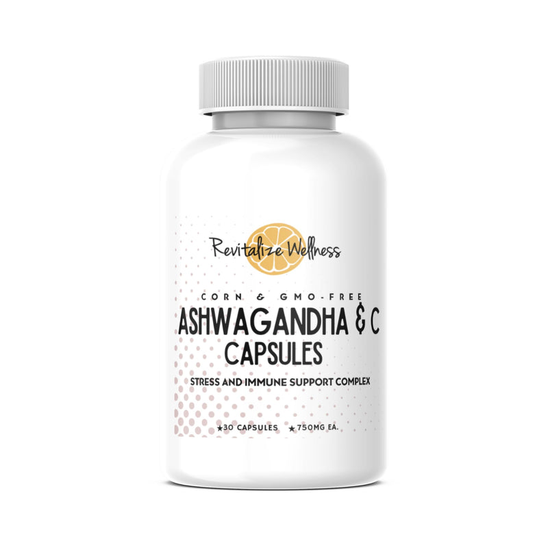Ashwagandha + Vitamin C Capsules | Stress and Immune Support Complex | with 550 mg Ashwagandha and 200 mg Vitamin C per Serving | 30 Servings