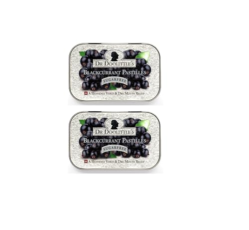 SWISS IMPORTS Dr. Doolittle's Sugar Free Soft Fruit Pastilles for Voice and Throat, Blackcurrant Flavor, 2.12 Ounce Tin, Approximately 25 Count Package, 2 Pack