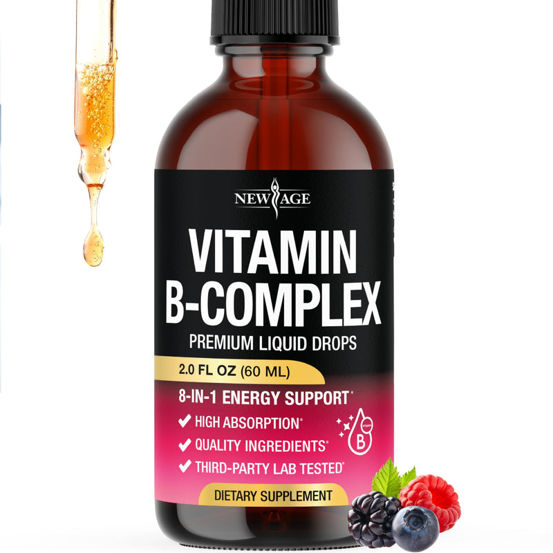 NEW AGE Vitamin B-Complex B5 Pantothenic Acid | B12 Methylcobalamin | B1 Thiamine | B6 Pyridoxine | B7 Biotin | B9 Folic | B3 Niacinamide - B Complex Liquid Drops, Made in USA Supplement - 2fl oz 2 Fl Oz (Pack of 1)