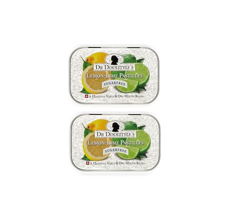 Dr. Doolittle's Sugar Free Soft Fruit Pastilles for Voice and Throat, Lemon Lime Flavor, 2.12 Ounce Tin, Approximately 25 Count Package, 2 Pack