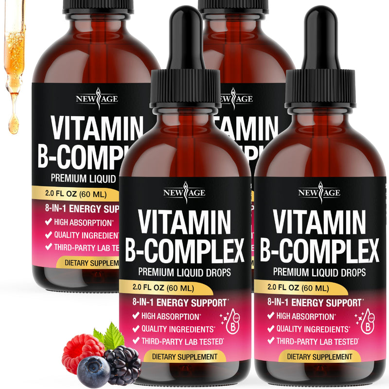 NEW AGE Vitamin B-Complex B5 Pantothenic Acid | B12 Methylcobalamin | B1 Thiamine | B6 Pyridoxine | B7 Biotin | B9 Folic | B3 Niacinamide - B Complex Liquid Drops, Made in USA Supplement - 8fl oz 2 Fl Oz (Pack of 4)