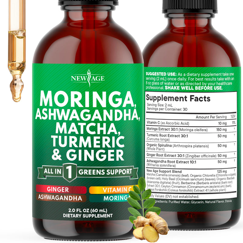 Moringa Supplement Drops - Ashwagandha, Spirulina, Chlorella, Turmeric & Ginger Liquid Barley Grass with Chlorophyll, Matcha, Algae, Vitamin C Antioxidant, Holy Basil, Ceylon Cinnamon - 2fl Oz 2 Fl Oz (Pack of 1)