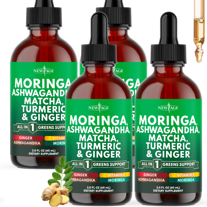 Moringa Supplement Drops - Ashwagandha, Spirulina, Chlorella, Turmeric & Ginger Liquid Barley Grass with Chlorophyll, Matcha, Algae, Vitamin C Antioxidant, Holy Basil, Ceylon Cinnamon - 8fl Oz 2 Fl Oz (Pack of 4)