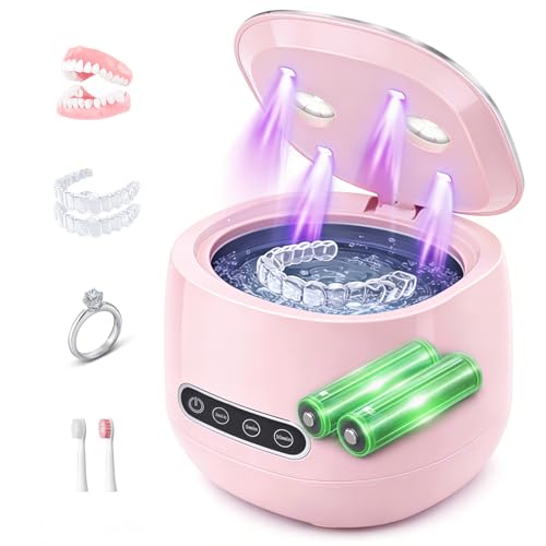 Dental Ultrasonic Retainer Cleaner Machine - 52kHz Dental Appliance Cleaner for Retainers, Dentures, Aligners, Mouth Guards, Toothbrushes & Jewelry, 200ML Pink, Quiet & Portable