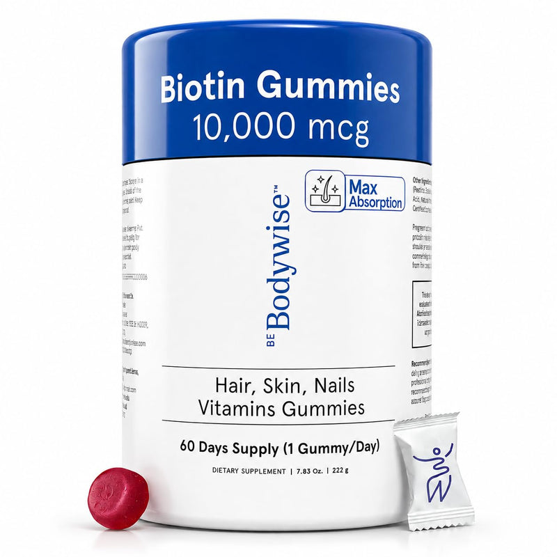 Be Bodywise Biotin 10000mcg Gummies | Hair Nail and Skin Vitamins | Biotin for Hair Growth for Women | Refined Sugar Free | 60 Day Pack (1 Gummy/Day) | Max Absorption Unflavored