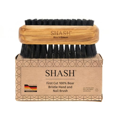 SHASH Made in Germany - 100% First Cut Boar Bristle Nail Brush - Gently Removes Dirt, Grime for Clean Hands - Exfoliates Skin for Soft, Smooth Texture, Wood (Olive) (Black Boar Bristle) Black Boar Bristle