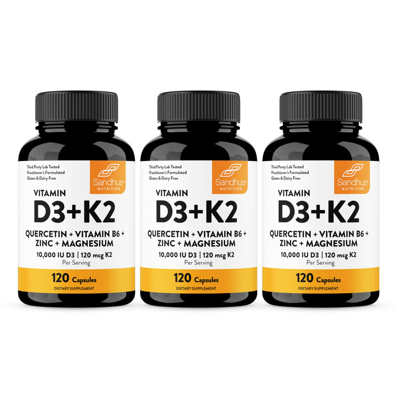 Vitamin D3 K2 10000 IU 120mcg Magnesium Zinc B6 Quercetin Capsules 360 Ct | 6-in-1 D3+K2 Supplements Supports Bone, Immune, Energy And Muscle Health, Gluten-Free, 12-Month Supply, USA Made by Sandhu's 120 Count (Pack of 3) 10000 IU Capsules