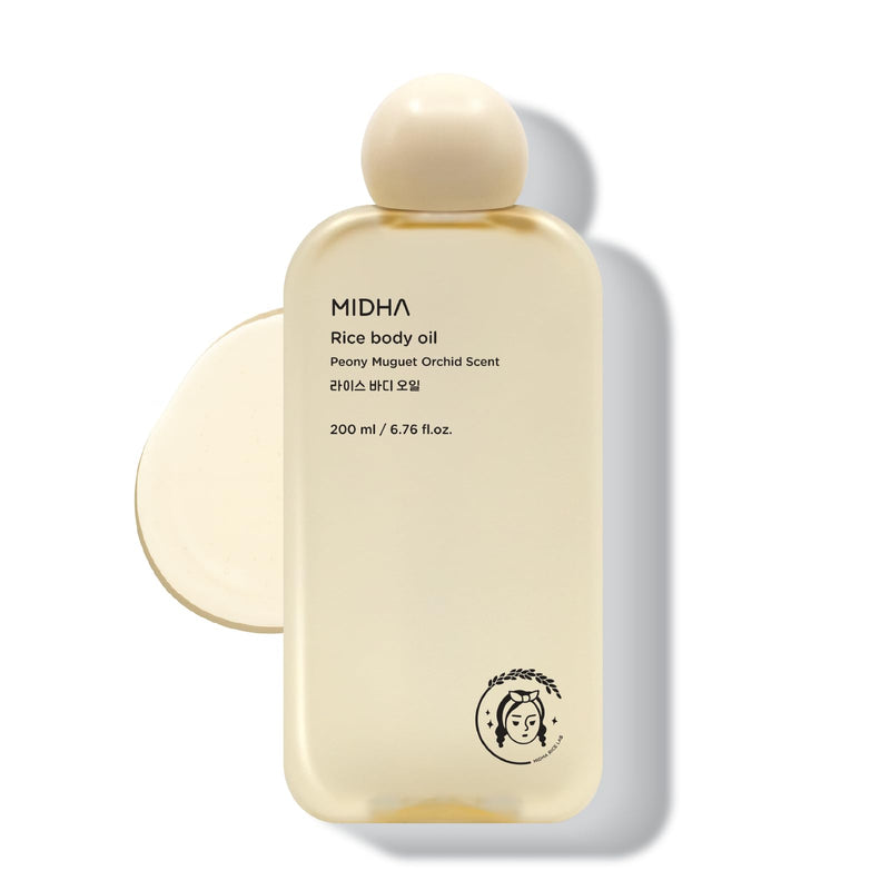 MIDHA RICE BODY OIL, 6.76fl.oz/200ml,Vitamin E–Rich Oil for Radiant Skin, Lightweight Body Oil for Dry Skin Relief, Nourishing & Hydrating, Fast-Absorbing, Korean Skin Care