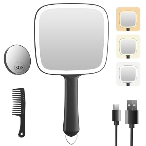 Famihomii Rechargeable Lighted Handheld Mirror, Hand Mirror with Magnifying Black