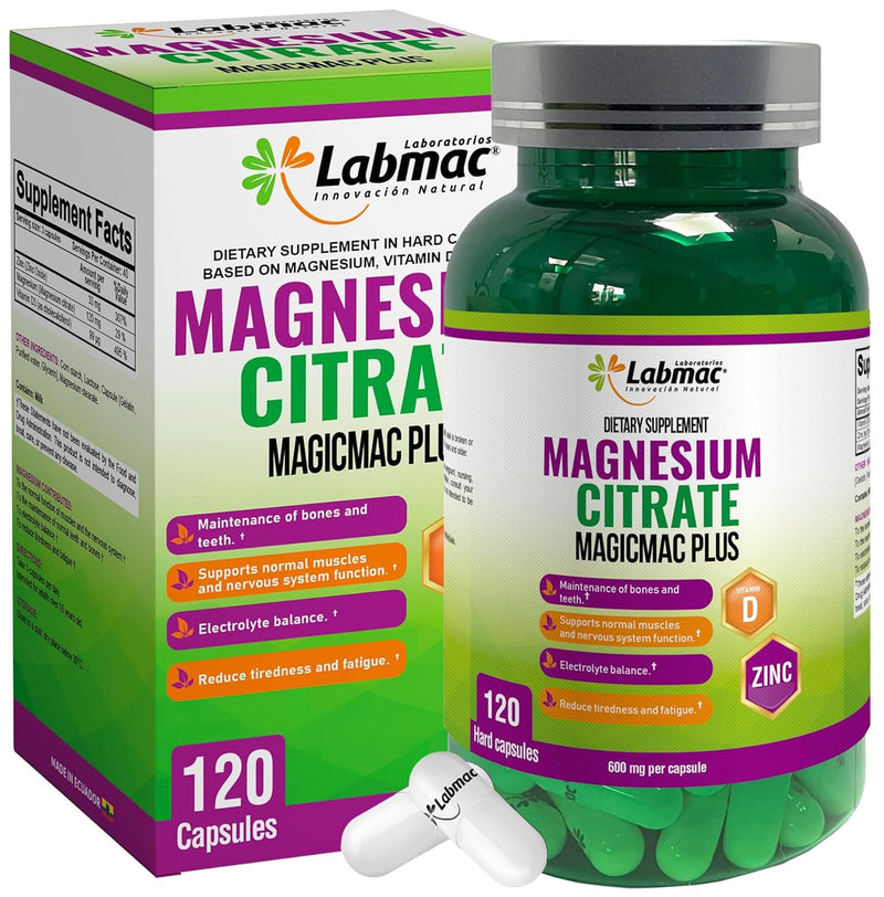 Magnesium Citrate 600mg, 120 Capsules - 3-in-1 Magnesium Citrate Capsules with Vitamin D3 and Zinc Supplements - citrato de magnesio for Muscle, Nerve Function, Healthy Bones, Teeth, Fatigue/Tiredness