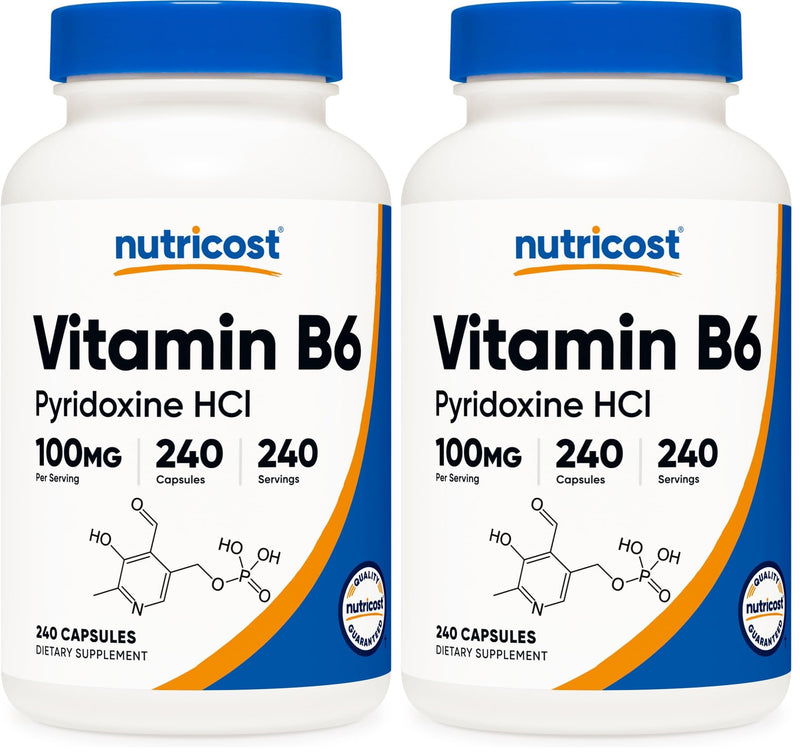 Nutricost Vitamin B6 (Pyridoxine HCl) 100mg, 240 Capsules (Pack of 2) 240 Count (Pack of 2)