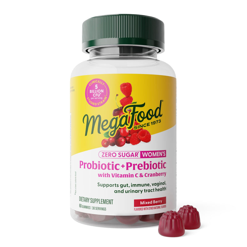 MegaFood Zero Sugar Womens Probiotic Prebiotic Gummies, Berry, 60 Gummies | Prebiotics and Probiotics for Women, Vitamin C and Cranberry, Supports Immune, Vaginal and Gut Health, Vegan, 30 Servings