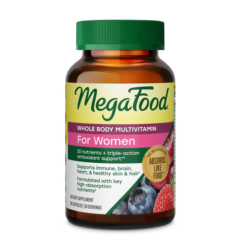 MegaFood Whole Body Multivitamin for Women with 25 Nutrients, 60 Capsules | Womens Multivitamin, Immune, Brain, Heart, Skin & Hair, Vitamin D3 K2, Magnesium Citrate, Folate, Biotin, Iron, 30 Servings