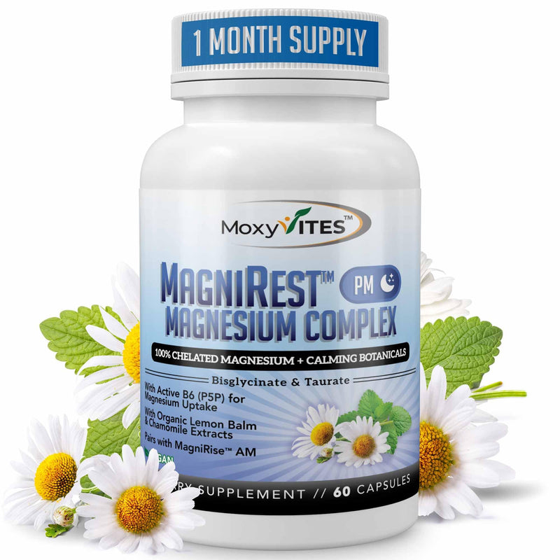 MoxyVites MagniRest PM Magnesium Complex for Women & Men - Magnesium Bisglycinate, Taurate, Active B6, & Calming Organic Botanicals - Chelated High Absorption - Nighttime Magnesium, 60 Vegan Capsules