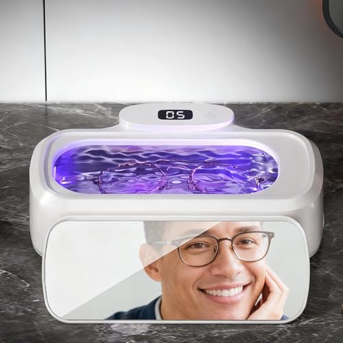 Ultrasonic Retainer Cleaner Machine, 48kHz 420ML Jewelry Cleaner with Purple lamp care & Mirror, 3 Modes for Toothbrush Heads,Dentures, Eyeglasses, Ornament, Efficient 360° Deep Cleaning (White) White