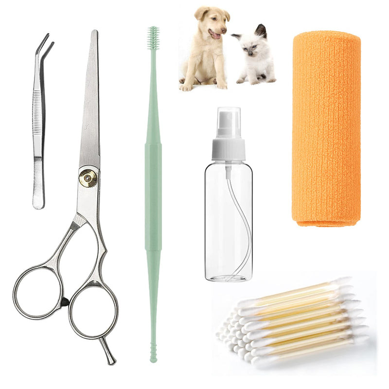 Dog Ear Cleaning Kit for Dogs and Cats, Pet Ear Care Grooming Tool Set with Pet-Safe Silicone Ear Cleaner, Tweezers, Scissors, Cotton Swabs and Cleaning Cloth