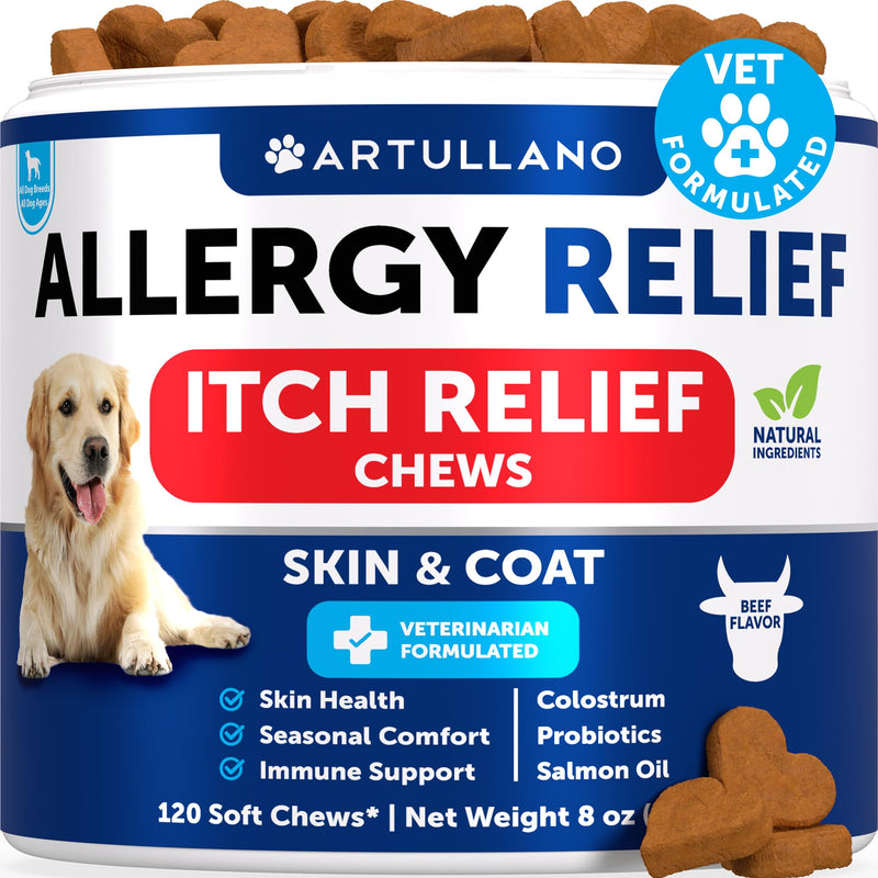 Dog Allergy Chews - Itchy Skin Relief for Dogs - 120 Chewable Soft Treats with Colostrum and Probiotics- Seasonal Allergies - Skin and Coat, Anti Itch, Hot Spots - Dog Allergy Relief Supplement 120 Allergy Support Chews