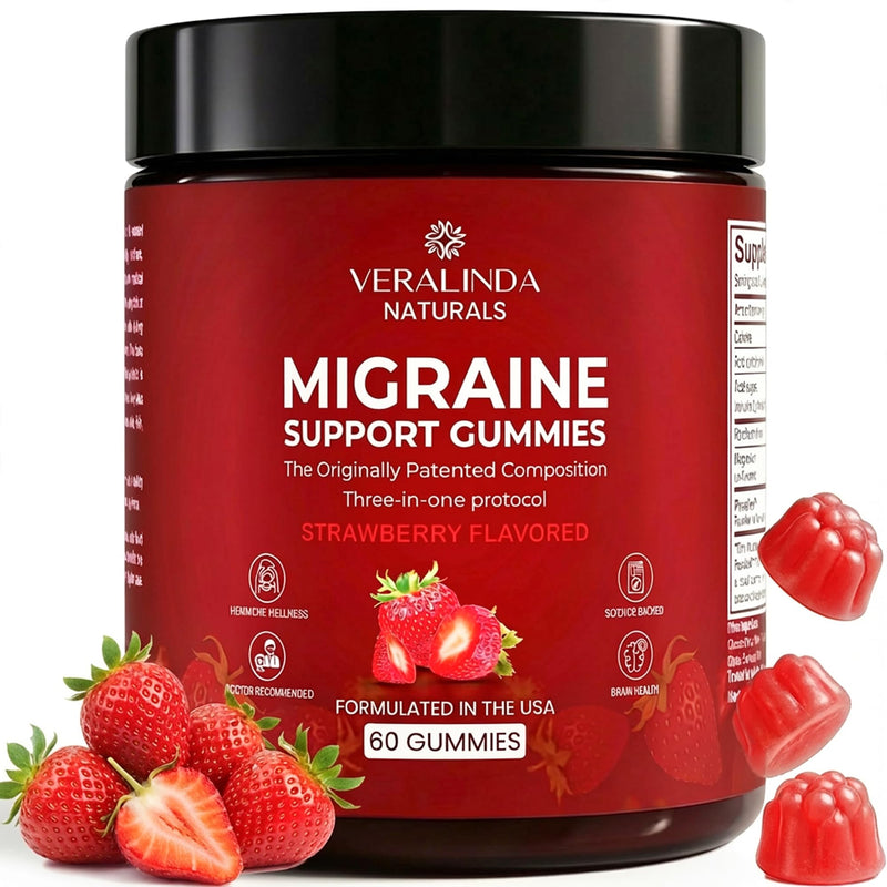 Veralinda Migraine Gummies – Original Triple Protocol Formula, 60 Gummies with Magnesium, Riboflavin B2 & Feverfew – Natural Brain Health Supplement for Migraine Wellness Support for Women & Men