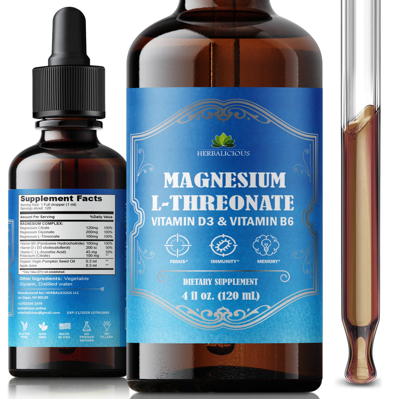 HERBALICIOUS Magnesium Complex Liquid with Vitamin D3 & B6 – High Absorption Citrate, Glycinate & L-Threonate – Supports Energy, Mood, Relaxation, Bone Health & Immunity – 4 oz Liquid Drops