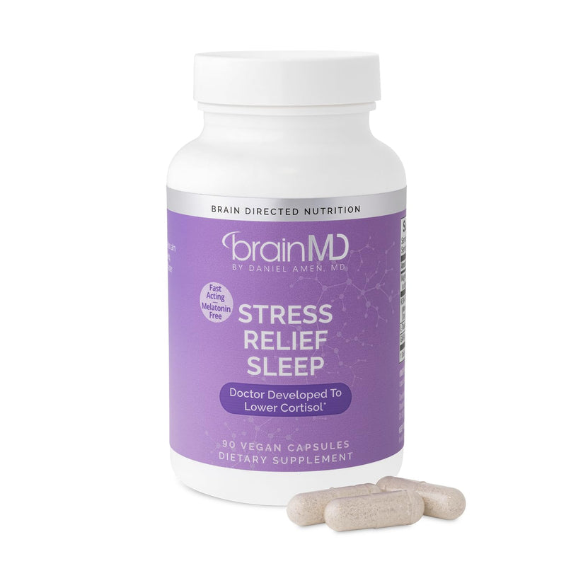 BrainMD Stress Relief Sleep Support with GABA Magnesium, 60 Capsules | Dietary supplement in capsule form for daily use, featuring a natural blend with 30 servings for routine wellness.