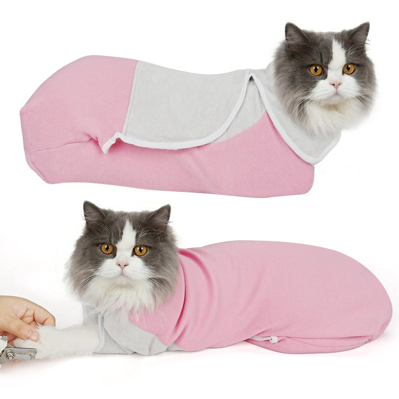 Cat Wrap for Cutting Nails, Self-Adhesive Cat Nail Clipping Restraint Bag, Anti-Scratch Cat Grooming Wrap Swaddle for Meds, SubQ Fluids, Ear Cleaning, Teeth Brushing & Vet Visits,Pink,L L(15-28lbs) Pink