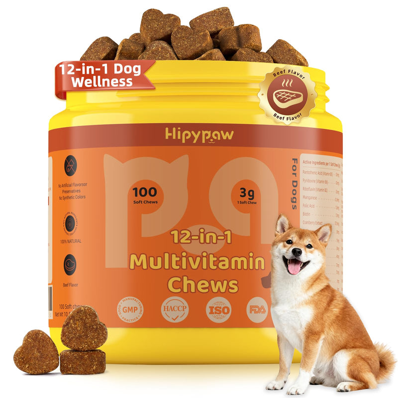 Dog Multivitamin Chewable: 12-in-1 Dog Vitamins & Supplements with Glucosmine Chondroitin Probiotics Omega 3 Cod Liver Oil CoQ10 Astaxanthin for Joint Gut Heart Eye Brain Immune Support Orange