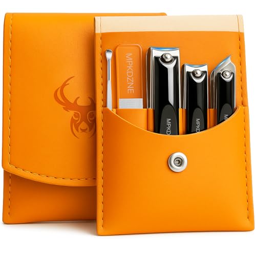 Pro 5-in-1 Nail Clippers Set for Men & Women. Ultra Sharp Stainless Steel Manicure Kit w/Angled Trimmer in Luxury Leather Case. Travel & Home Use
