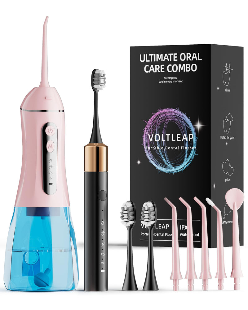 Electric Toothbrush Water Flosser Adults, Sonic Electric Toothbrush and Electric Floss for Adults and Kids, Water Dental Picks, Cleaning and Flossing Dental Care, Waterproof Pink-1