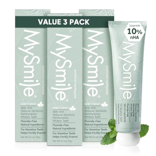 MySmile Fluoride Free Nano Hydroxyapatite Toothpaste for Sensitive Teeth, Strengthens Enamel, Remineralizes & Whitens Teeth, Freshens Breath for Adults, SLS Free, Misty Mint, 4.2 oz 4.2 Ounce (Pack of 3)