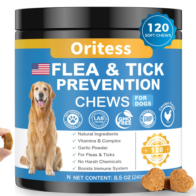 Flea and Tick Prevention for Dogs, 120 Soft Chews Natural Dog Flea and Tick Chewables Oral Flea Supplement for Dogs, Puppy Flea Support - All Breeds & Ages - Chicken Flavor