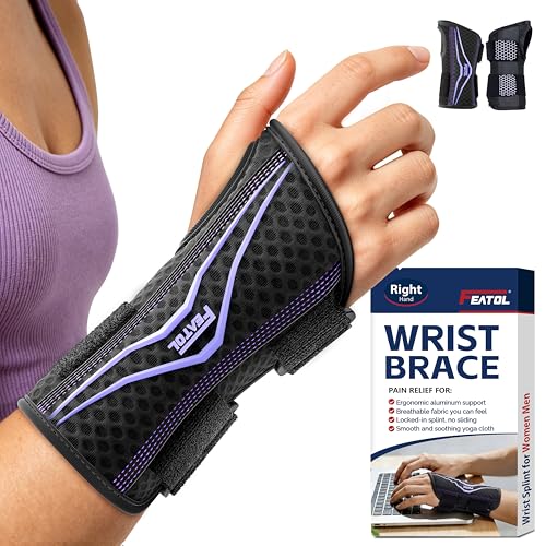 FEATOL Wrist Brace with Ergonomic Wrist Splint Right Hand, Breathable Hand Support for Women and Men, Pain Relief for Carpal Tunnel, Tendonitis & Daily Work, Medium Black Purple