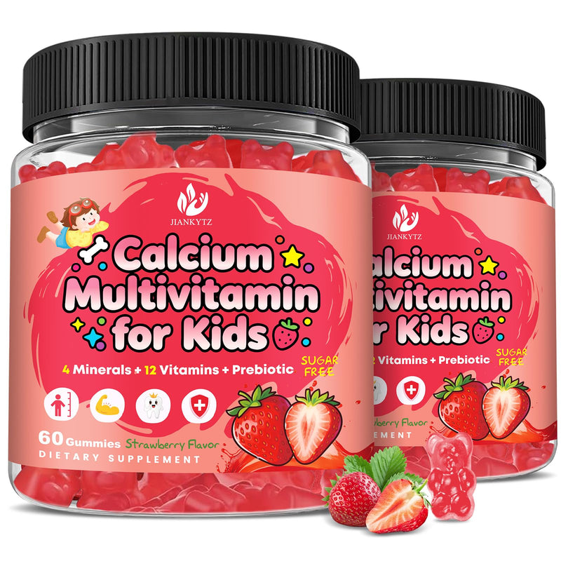 (2 Pack) Sugar Free Calcium Multivitamin Gummies for Kids with Methyl B12 & Methylfolate, Calcium, Vitamins C, D, A, B1, B2, B6, Biotin, Magnesium - Nutritional, Immune, Bone Support, 120 Ct 60 Count (Pack of 2)