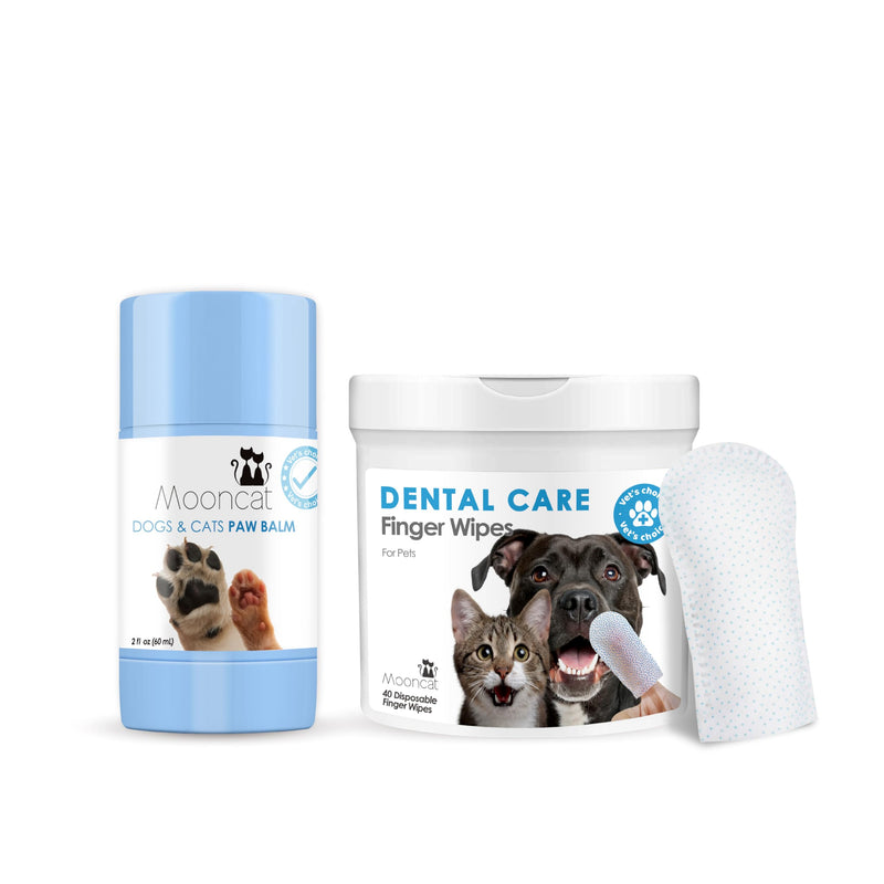 Mooncat Dental Finger Wipes and Paw Balm Bundle for Dogs and Cats - Plaque Tartar Remover Breath Freshener Plus Lick Safe Nose and Paw Moisturizer for Dry Cracked Pads 40 Count and 2oz